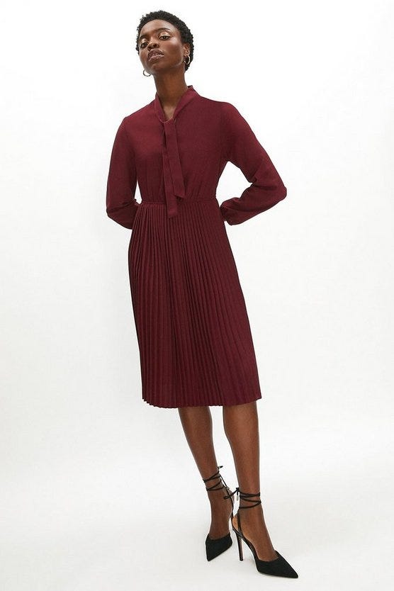 Tie Neck Pleat Shirt Dress