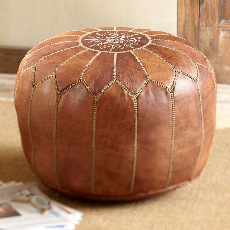 Leather Pouffe, Natural