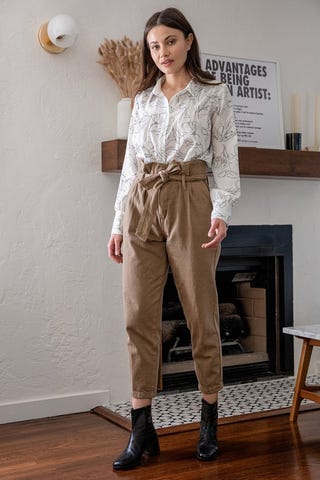 Tan Twill Belted Paperbag Pants