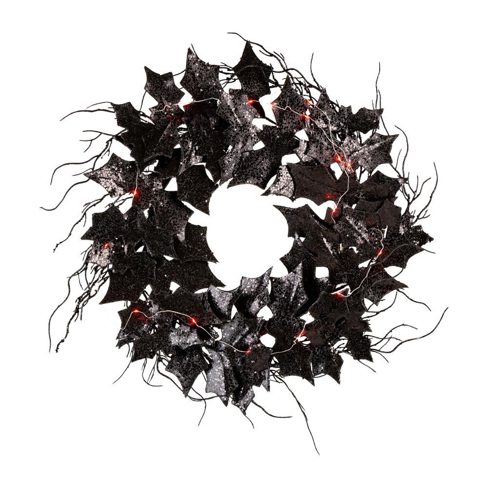 Glitzhome 26-Inch, Pre-Lit, Battery-Operated Black Bats Wreath
