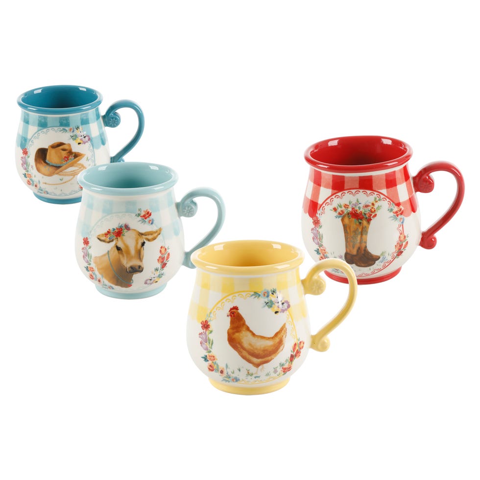 Novelty Gingham Multi-Color Stoneware Mugs, Set of 4