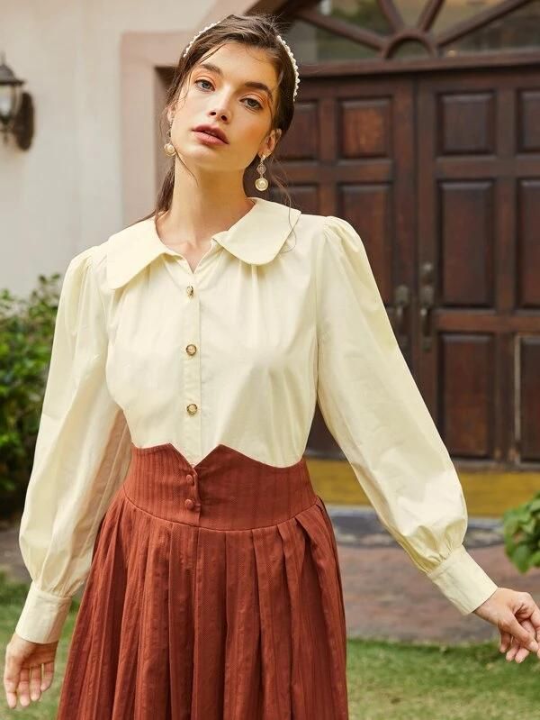 Solid Peter Pan Collar Button Front Blouse