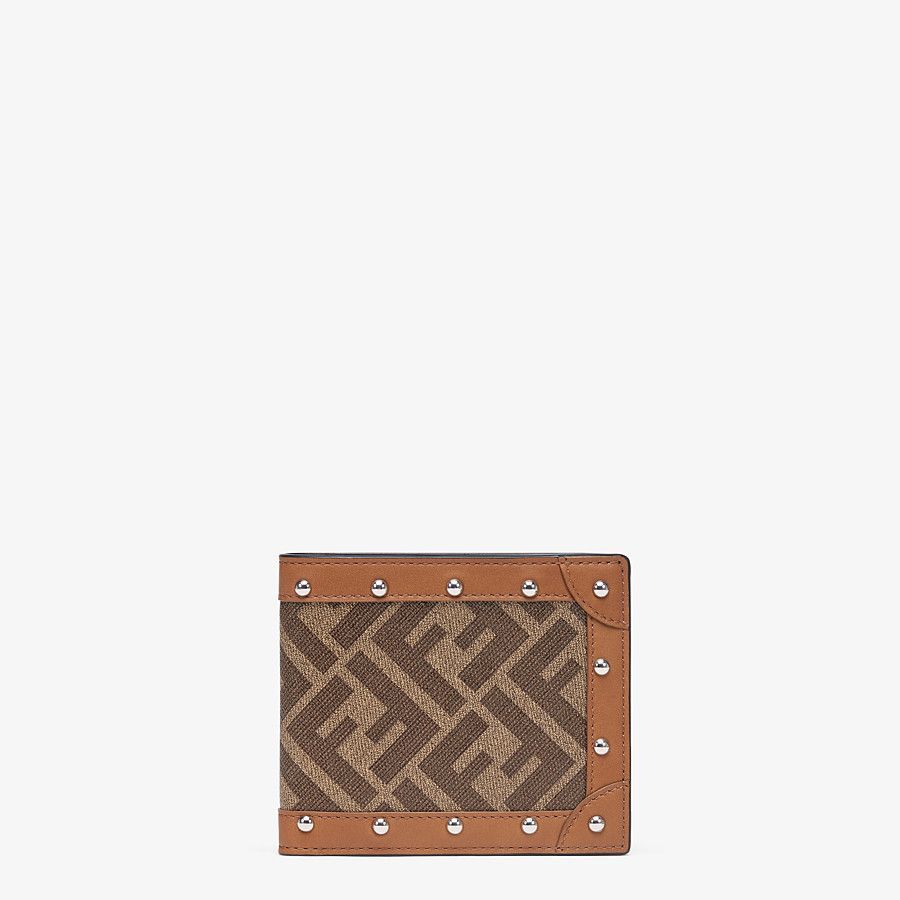 Fendi男生皮夾推薦：飾釘鑲邊棕色布料雙折皮夾