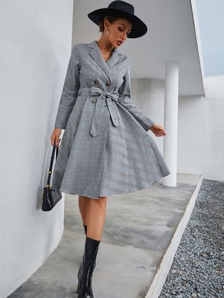 Double Breasted Belted Plaid Dress