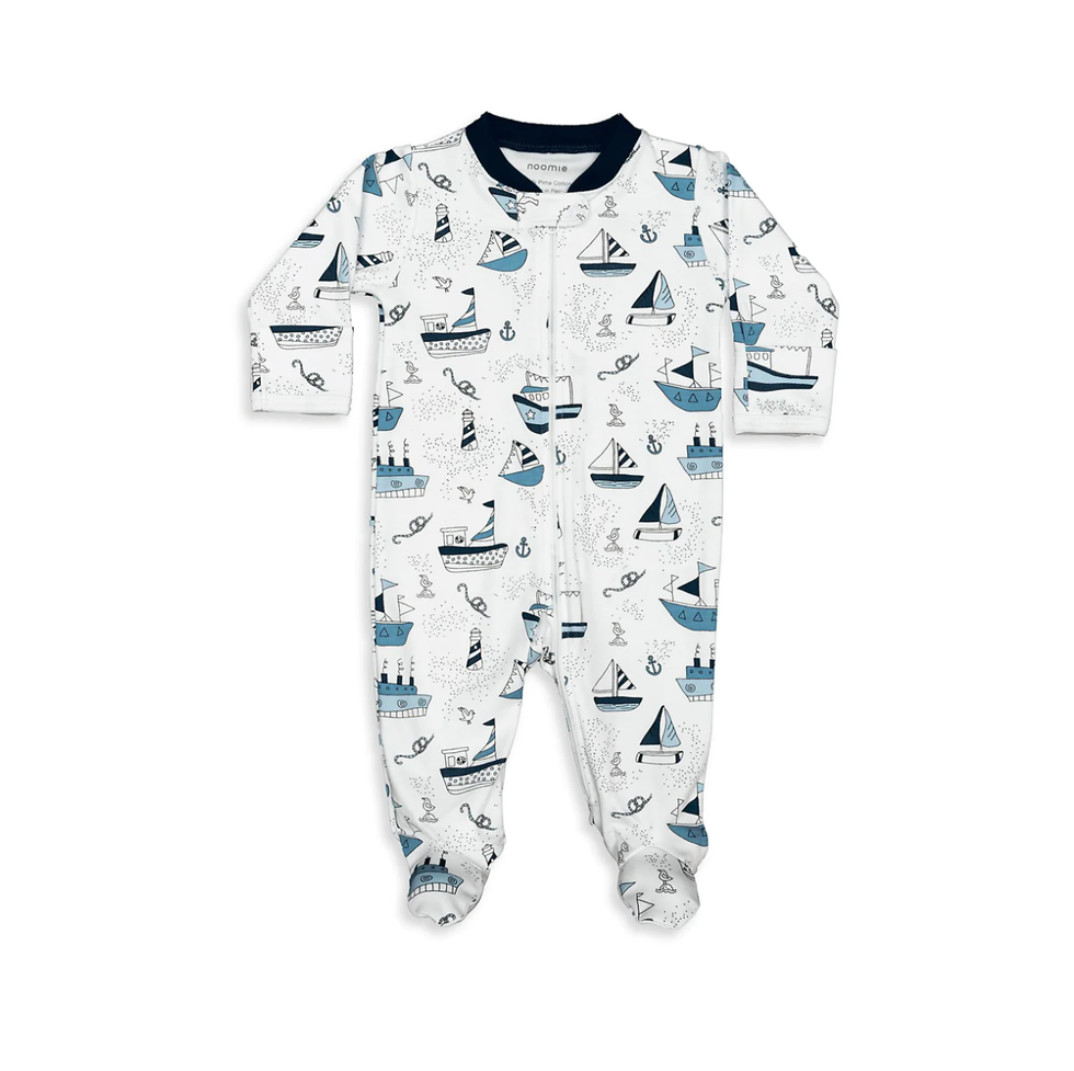 Baby Noomie Boat-Print Zipper Footie