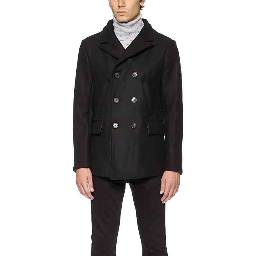 Billy Reid Wool Double Breasted Bond Peacoat with Leather Details