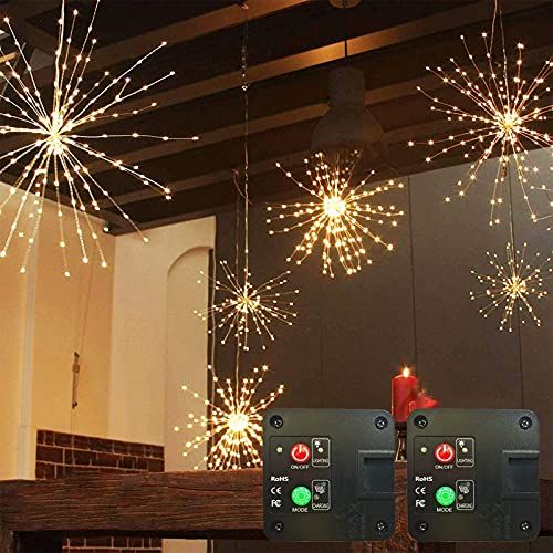 2 Pack Starburst Sphere Lights,200 LED Firework Lights, 8 Modes Dimmable Waterproof Hanging Fairy Light, Copper Wire Lights for Patio Parties Christmas (2 Pack Solar Operated)