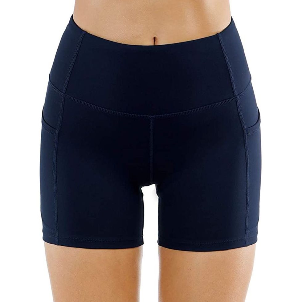 THE GYM PEOPLE High Waist Yoga Shorts for Women's Tummy Control Fitness Athletic  Workout Running Shorts with Deep Pockets (Small, Blue)