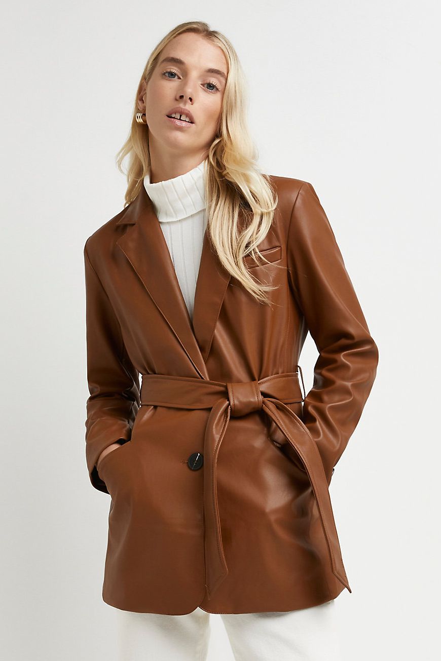 Brown faux leather belted blazer