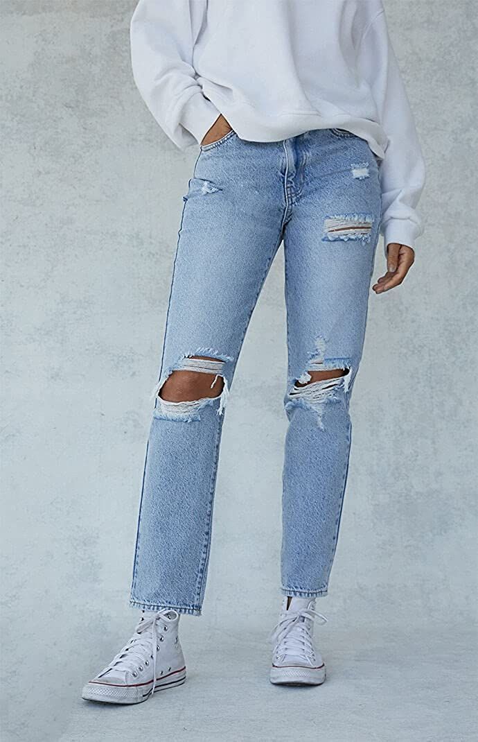 eco light blue distressed mom jeans