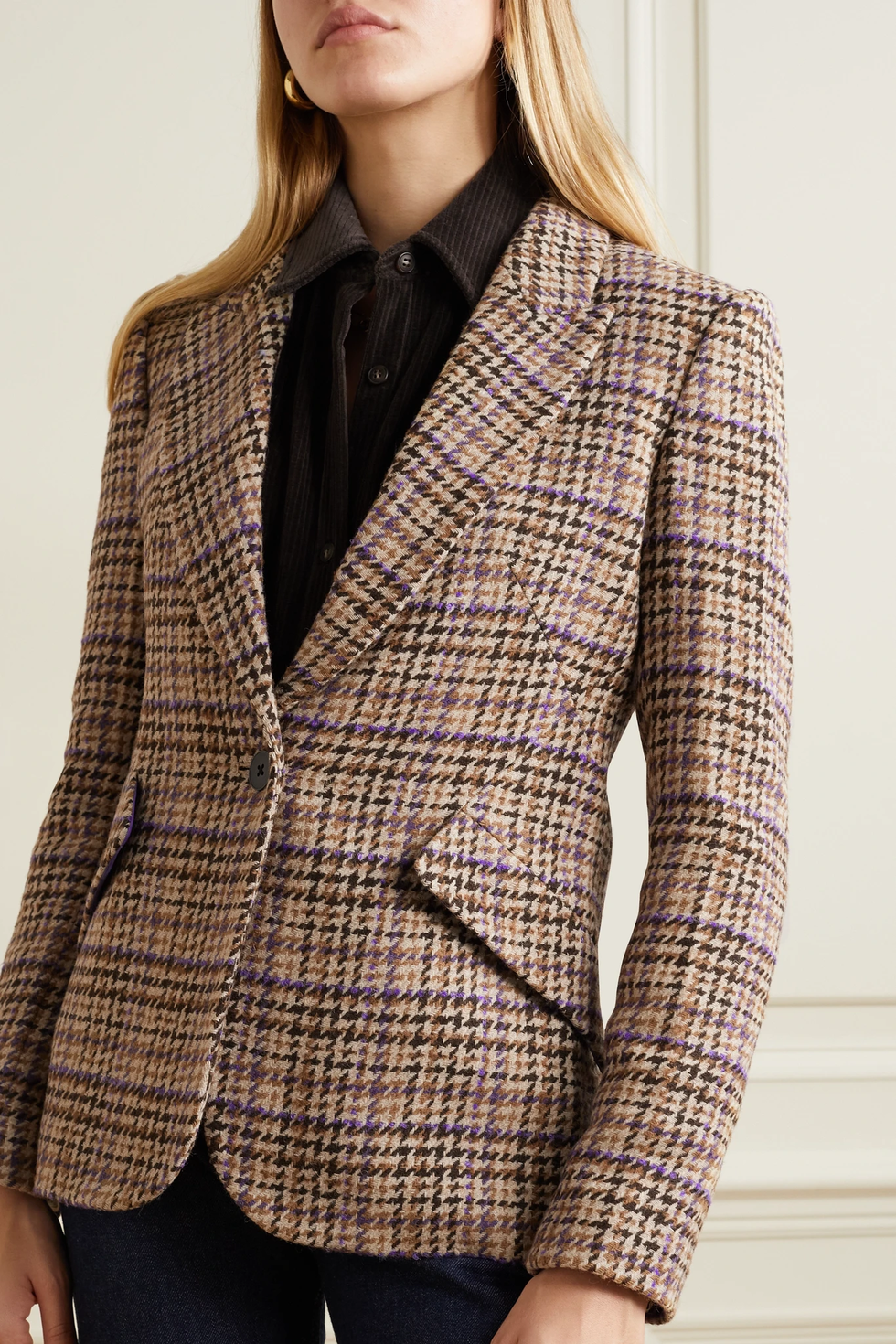 格紋西裝外套推薦6：L'Agence褐色千鳥格紋西裝外套