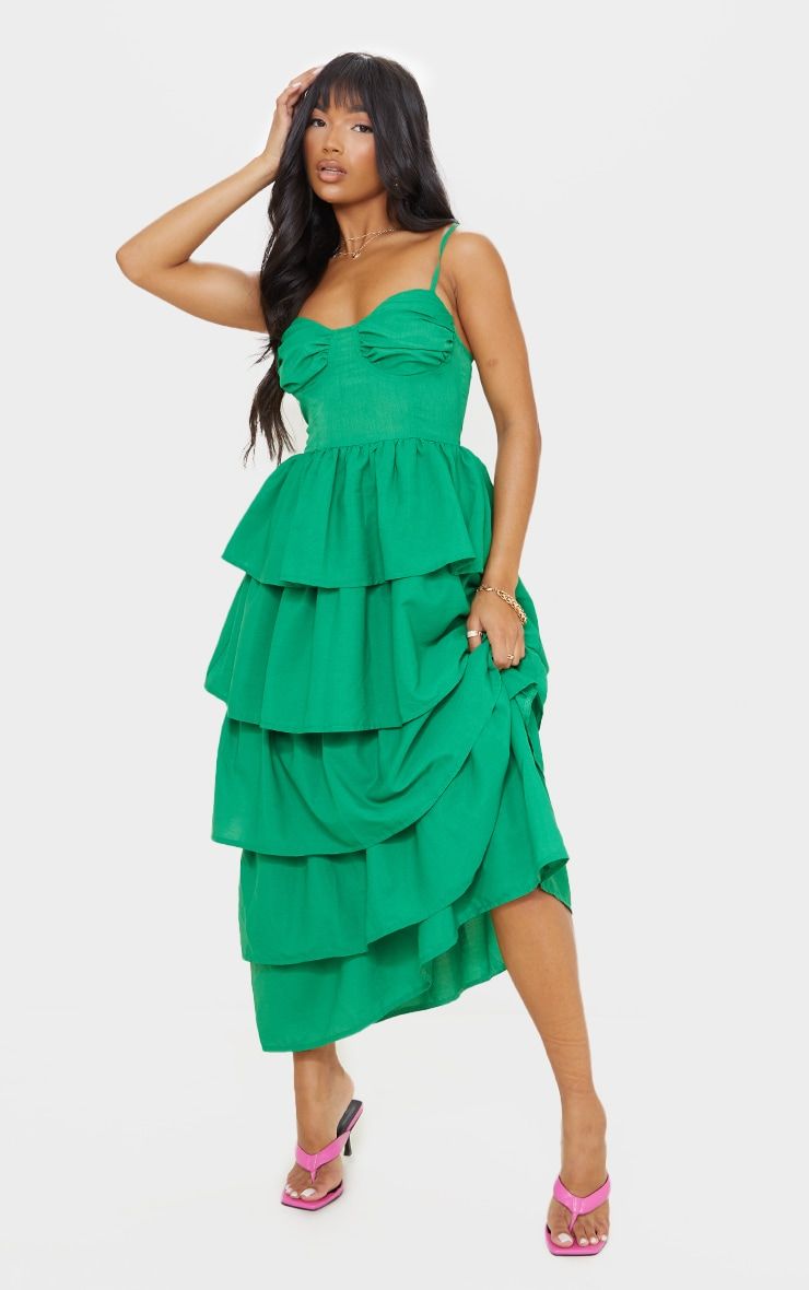 Bright Green Cup Detail Strappy Tiered Maxi Dress