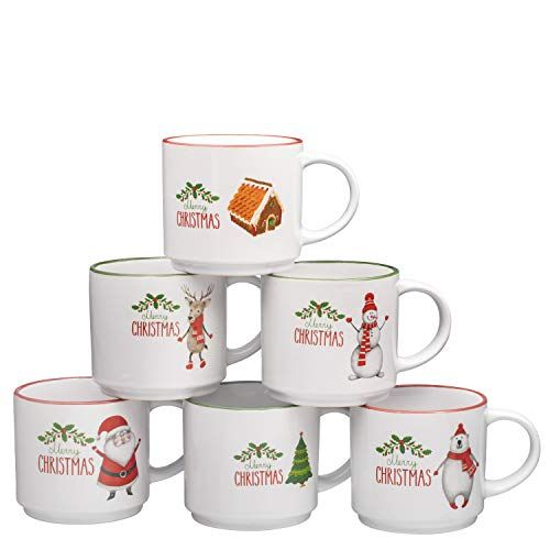 Set Of 6 Christmas Stoneware Mugs Reindeer Xmas Tree Snowflake Mugs Cups