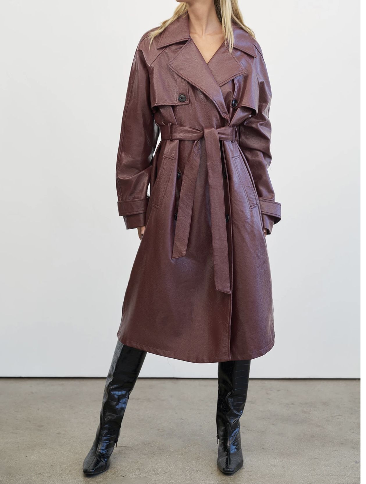 Joan Belted Faux Leather Trench Maroon