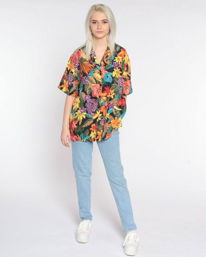 Silk Floral Shirt 90s Button Up Shirt