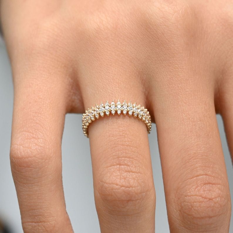 14k Solid Gold Diamond Dainty Band Ring