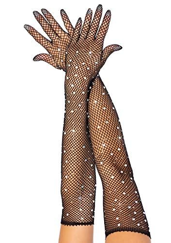 Rhinestone Fishnet Long Gloves, Black, O/S