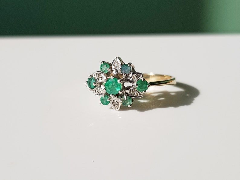 Vintage Emerald and Diamond Cluster Ring in 9ct Yellow Gold