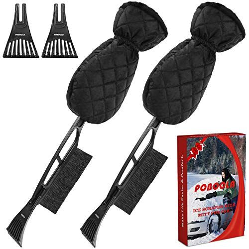 Poboola Ice Scraper Mitt for Car Windshield with Brush, Waterproof Snow Remover Glove Lined of Thick Soft Fleece, Window Frost Shovel Tool with Foam Handle for Auto SUV Truck, Non-Scratch (2 Pack)