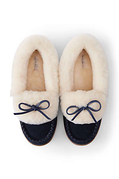 Draper James x Lands' End Women's Suede Leather Shearling Fur Moccasin Slippers