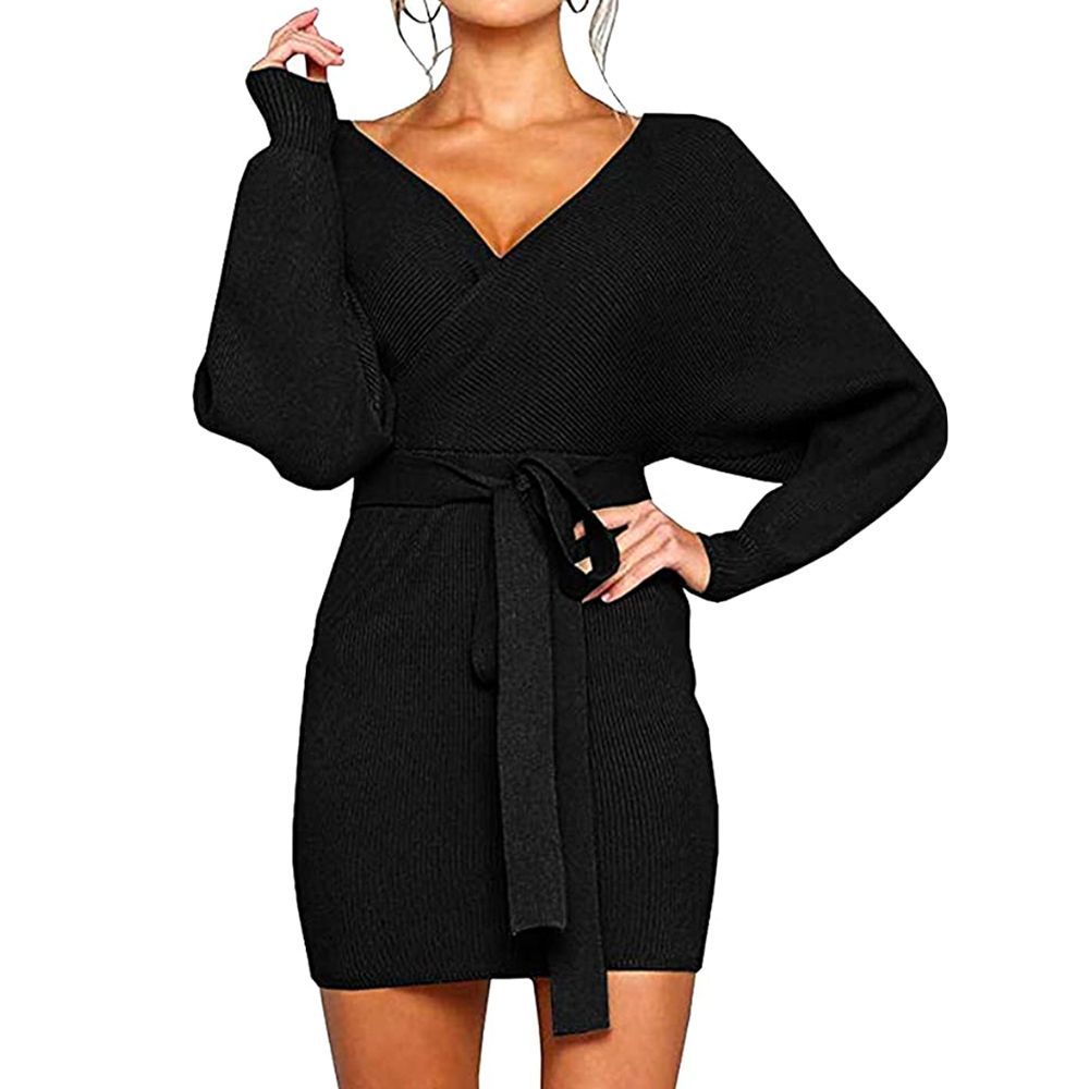 Fheaven-clothes Women Lace-up V Neck Sweater Dress Long Sleeve Stretch Bodycon Knitted Mini Jumper Dresses