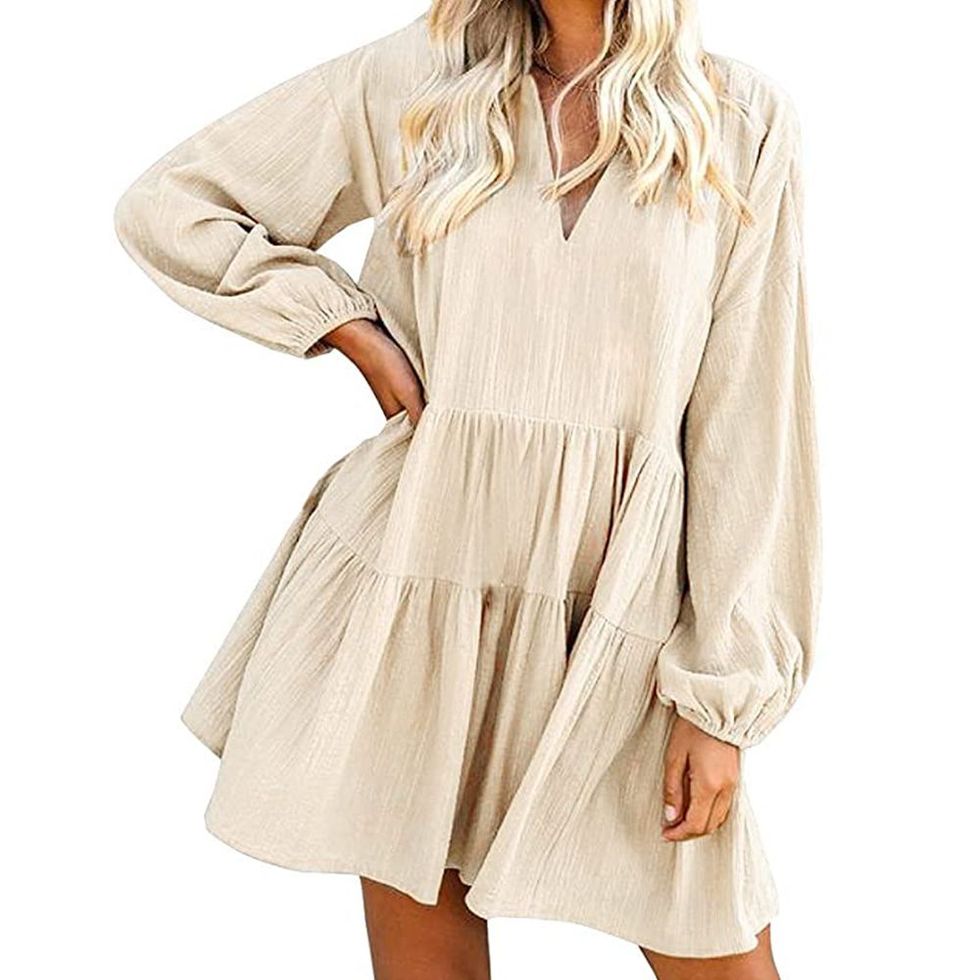 Pinup Fashion Women Plus Size Off The Shoulder Tops Beige Bell Long Sleeve  Babydoll Summer Dressy Empire Waist Smocked Tunic 1X at  Women's  Clothing store