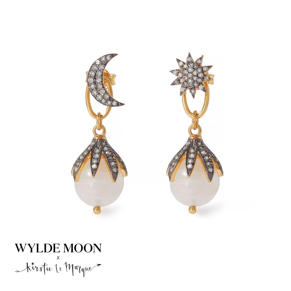 WYLDE MOON Diamond & Moonstone Drop Earrings With Moon & Starburst Studs