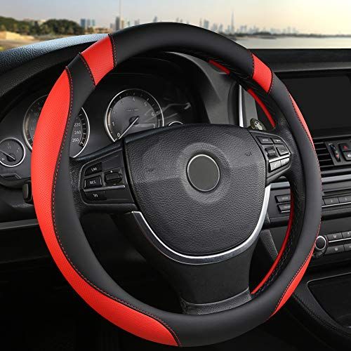 GIANT PANDA Heavy Duty Auto Car Steering Wheel Cover with Breathable Grip, Universal Fit 15 Inches (Black + Red)
