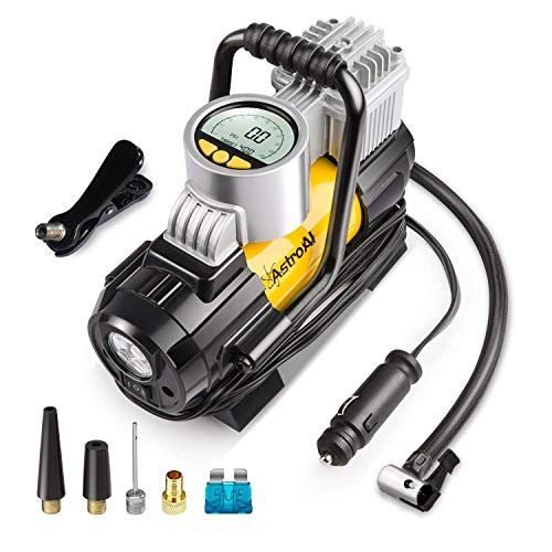 AstroAI Portable Air Compressor Pump, Digital Tire Inflator 12V DC Electric Gauge with Larger Air Flow 35L/Min, LED Light, Overheat Protection, Extra Nozzle Adaptors and Fuse, Yellow