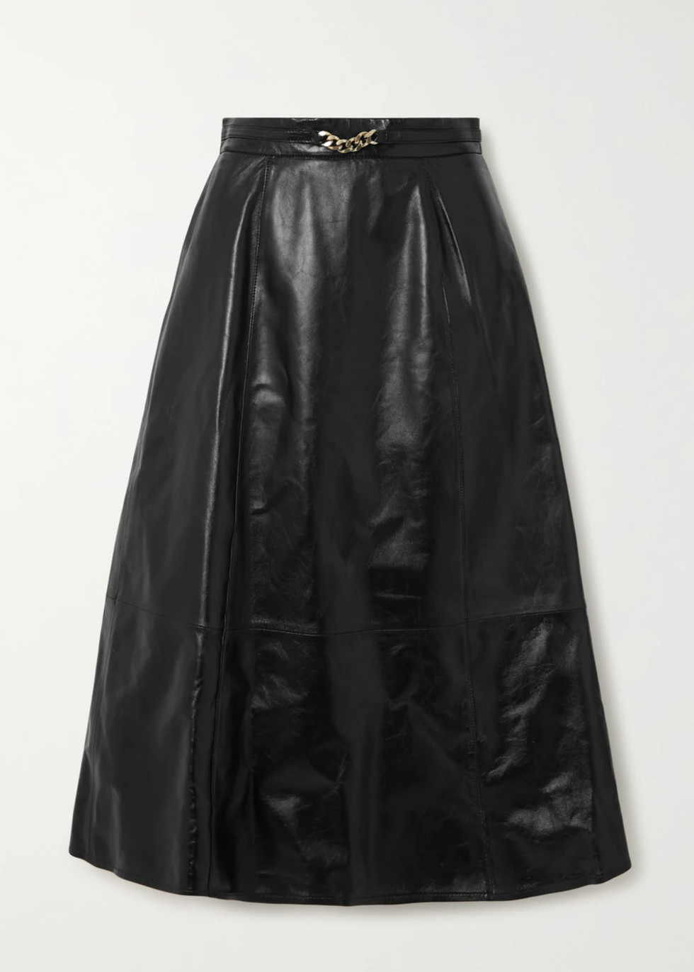 Chain-embellished leather midi skirt