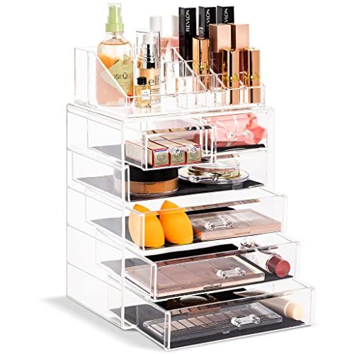 MyGift 10-Slot Vintage Brass Metal Makeup Holder with Acrylic Base,  Lipstick and Mascara Cosmetic Organizer Vanity Tray