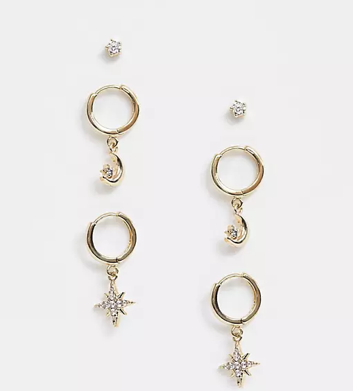 Reclaimed Vintage inspired earrings multipack with moon and star