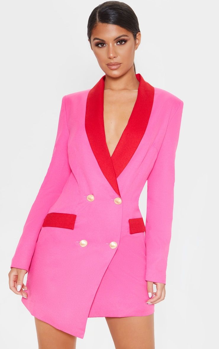 Hot Pink Gold Button Contrast Blazer Dress