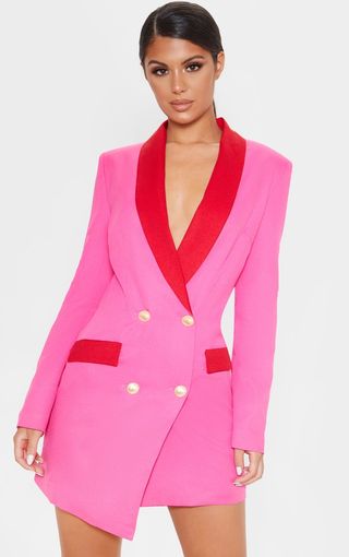 Hot Pink Gold Button Contrast Blazer Dress