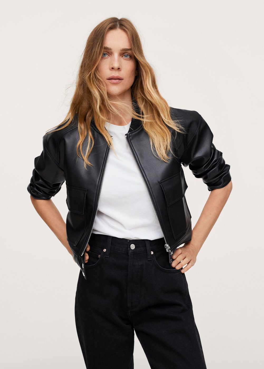 Leather-effect bomber jacket