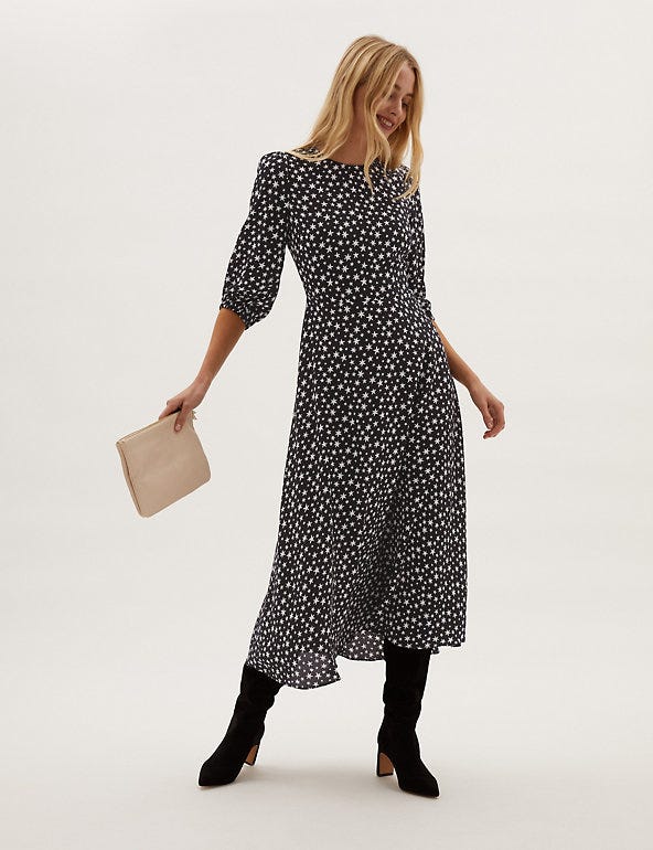 Star Print Round Neck Midaxi Tea Dress