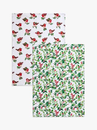 Field Robin & Christmas Berries Cotton Tea Towels, Pack of 2