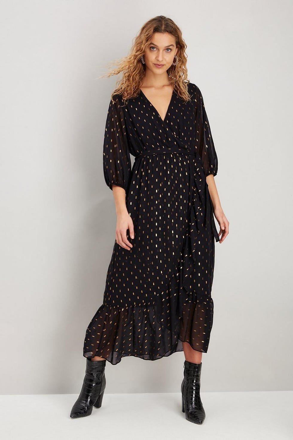 Black Metallic Fleck Ruffle Belted Dress