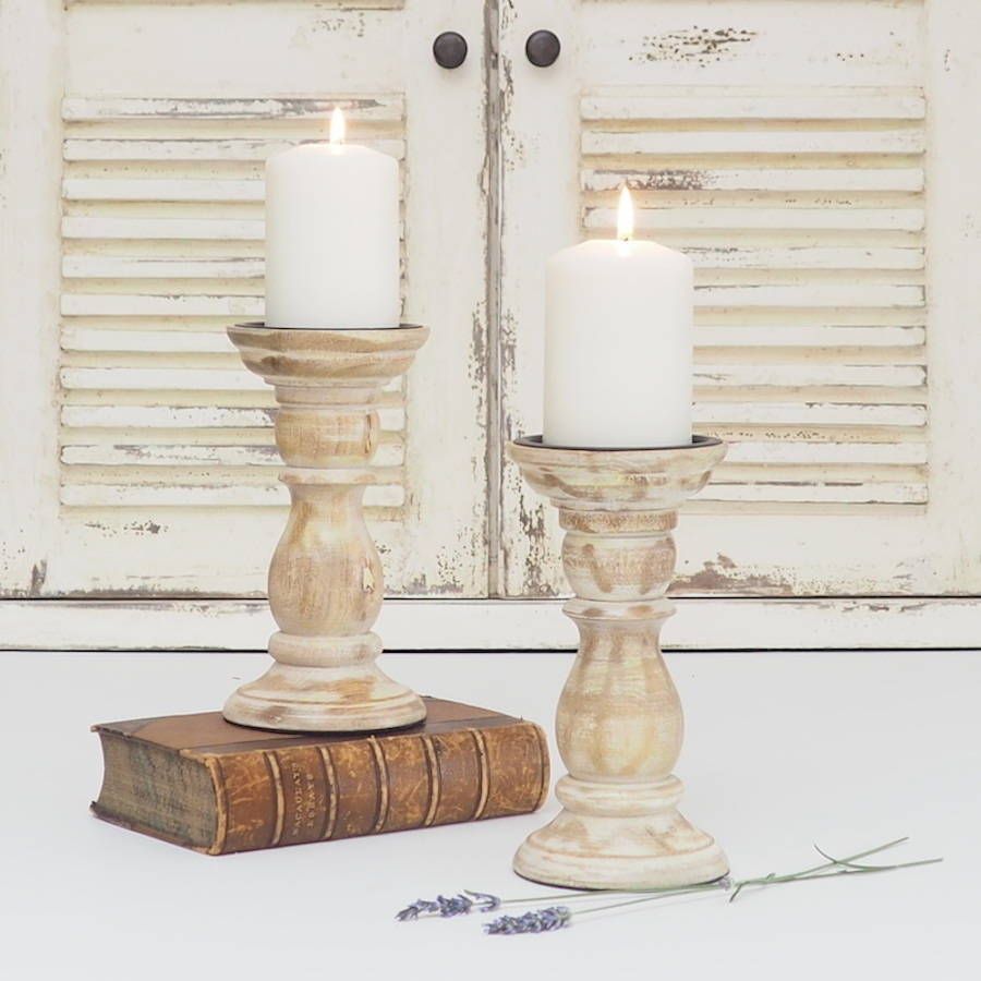 Wooden Candlestick White Distressed