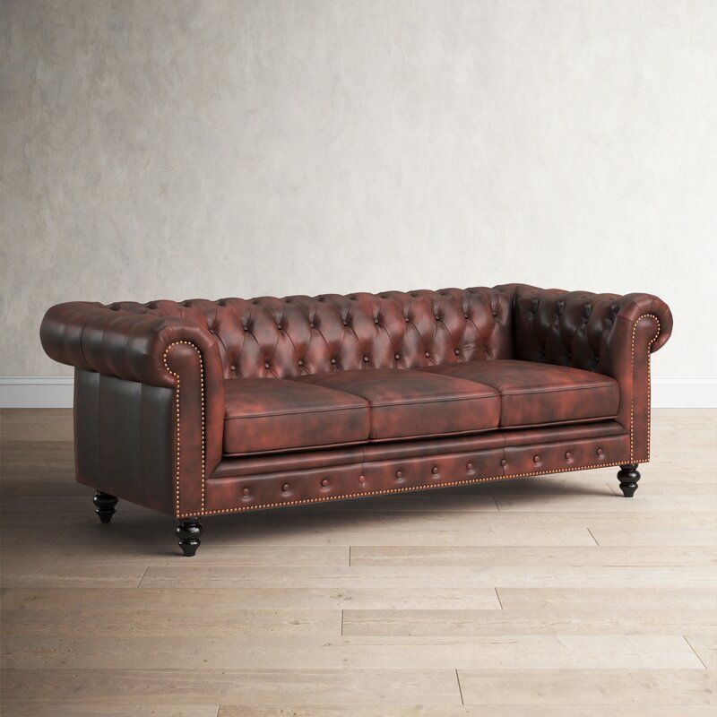 Eufaula 87'' Genuine Leather Rolled Arm Chesterfield Sofa