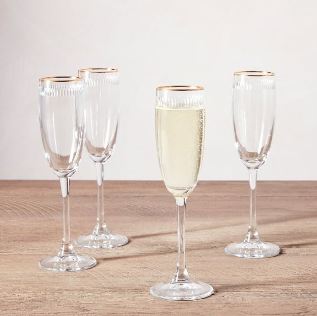 Pottery Barn Set of 4 Etched Gold Rim Handcrafted Champagne Flutes 