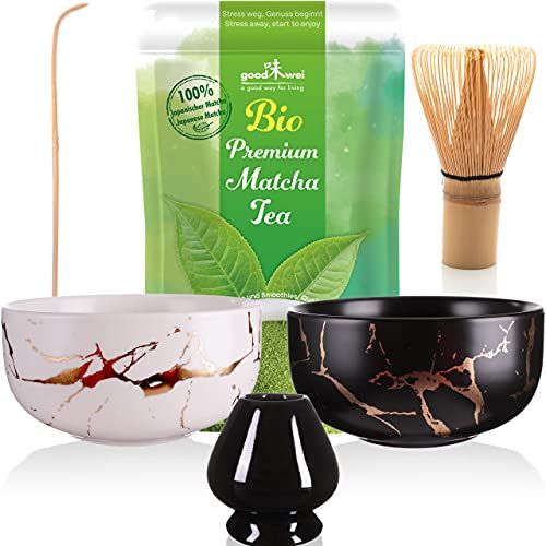 Matcha - Set da tè con scopa, ciotola da tè e polvere giapponese di Matcha, design marmorizzato (nero e bianco)