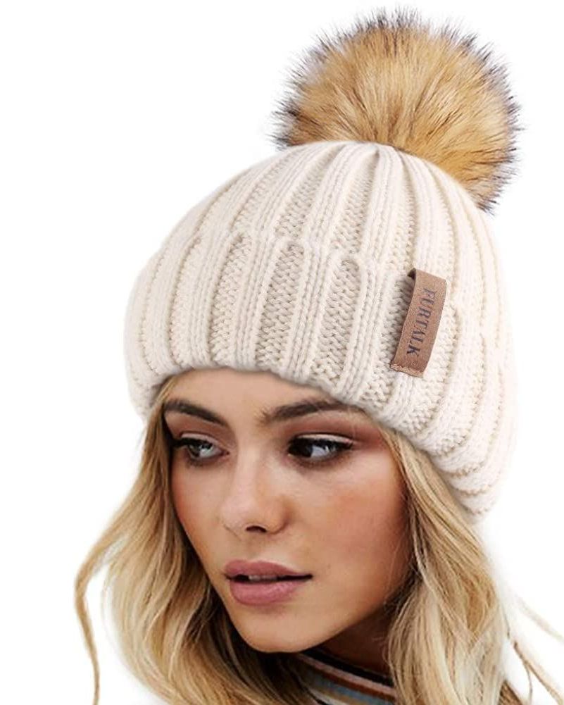 Furtalk Knitted Beanie Hat with Faux Fur Pom 