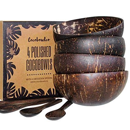 Coconut Bowls and Wooden Spoon Set