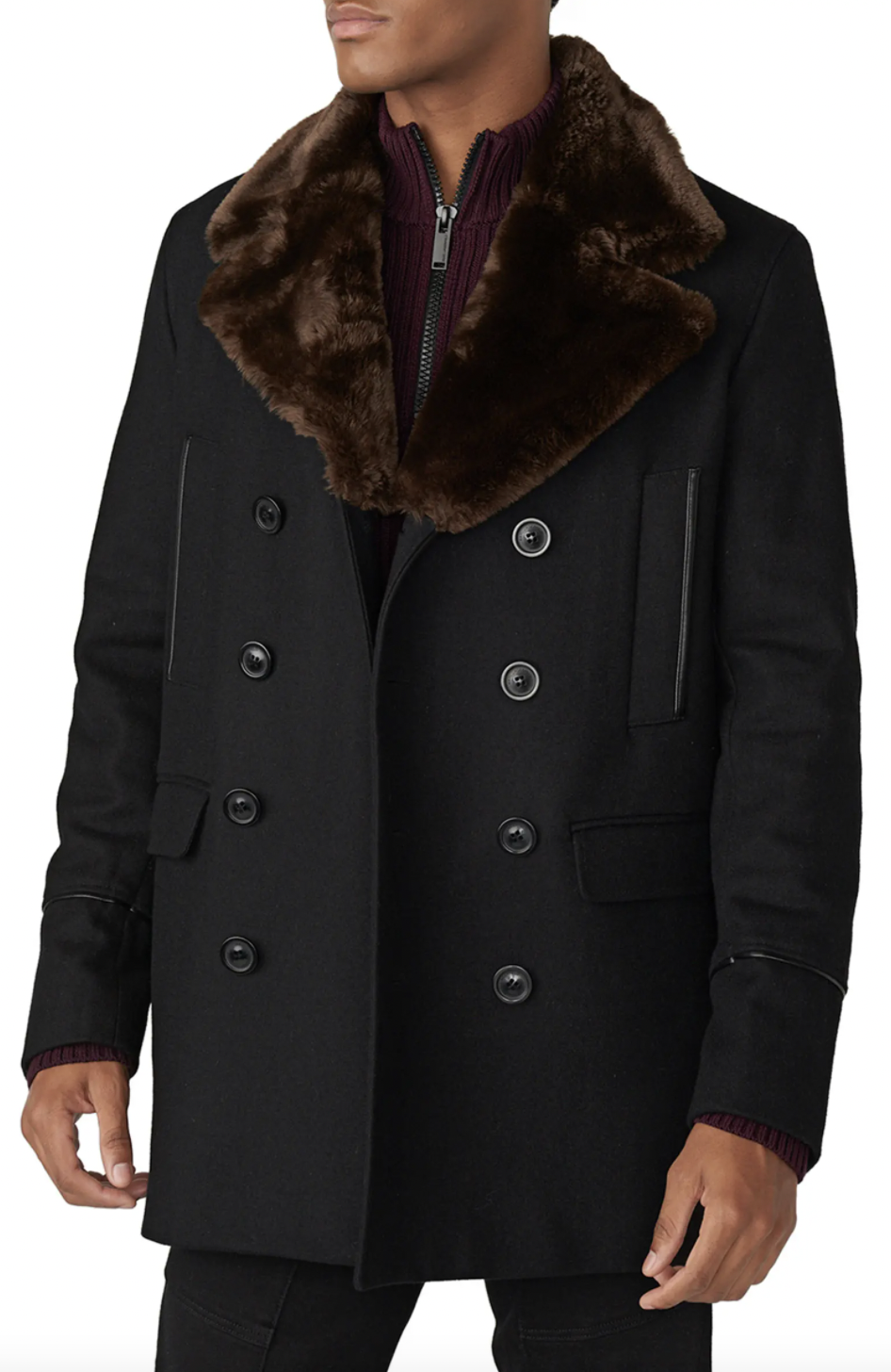 Wool Blend Peacoat with Faux Fur Collar