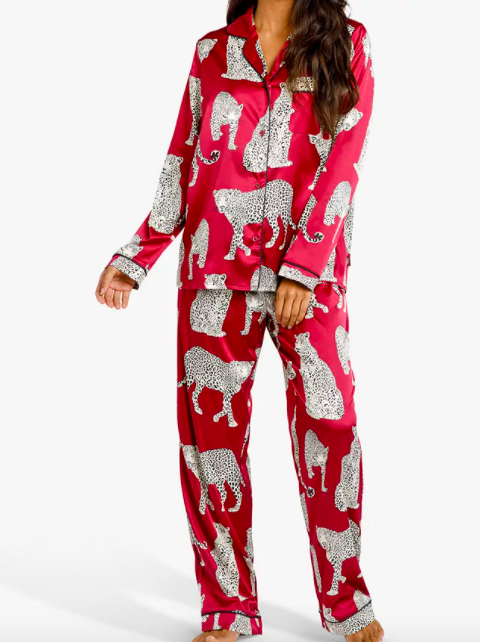 Chelsea Peers Cheetah Print Satin Pyjama Set, Red