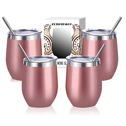Rose Gold Birthday Gifts for Women Stainless Steel Wine Tumbler with Lid Insulated Wine Tumbler and Candles Gift Set 4 Pack Gifts for Mom 