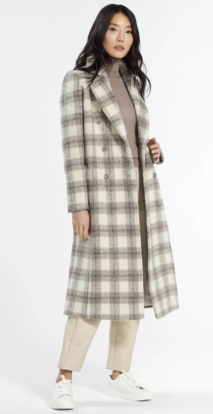 Long Plaid Double Breasted Coat