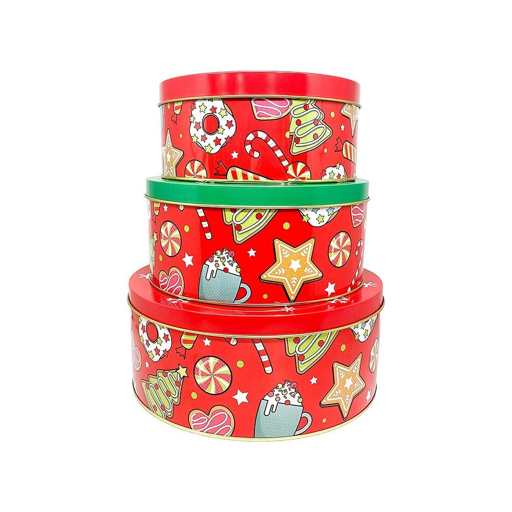 CHRISTMAS THEMED RED CAKE STORAGE TIN CUPCAKE COOKIES BOX ROUND CONTAINER NEST OF 3 