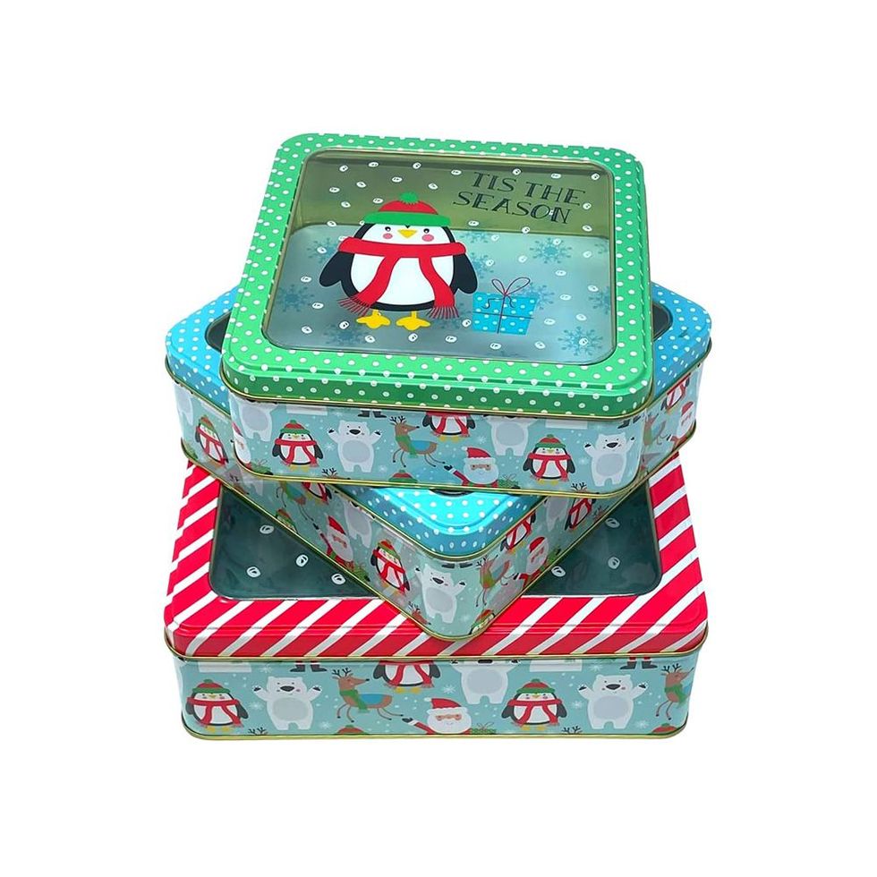 Gift Boutique Square Christmas Cookie Tins Nesting Boxes, Set Of 3 Designs  Holiday Containers Party Favor Supplies With Window Metal Lid Cover